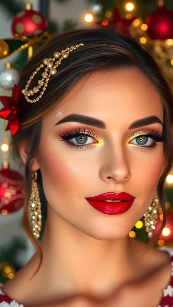 Festive Christmas makeup with red lips and gold eyeshadow, surrounded by holiday decorations.